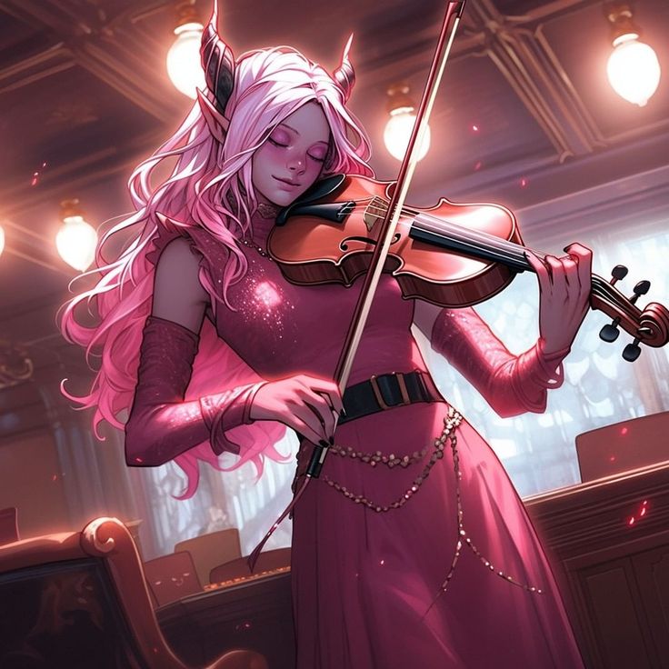 a woman in a pink dress holding a violin and wearing horns on her head while standing next to a piano