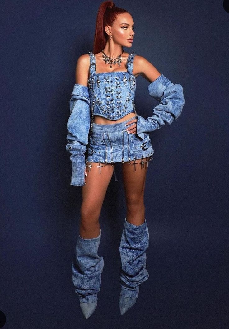 Denim Performance Outfit, My Time Has Come, Dance Performance Outfits, Techno Fashion, Performance Outfits, Independent Woman, Preformance Outfits, Queer Fashion, Stage Costume