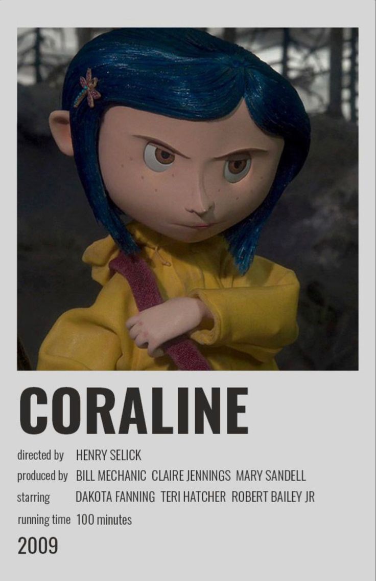 an advertisement for coraline featuring a doll with blue hair wearing a yellow shirt and tie