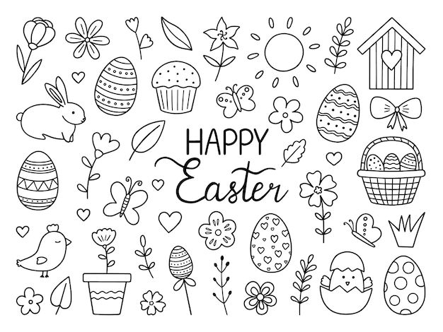 an easter card with the words happy easter surrounded by doodles, eggs and flowers