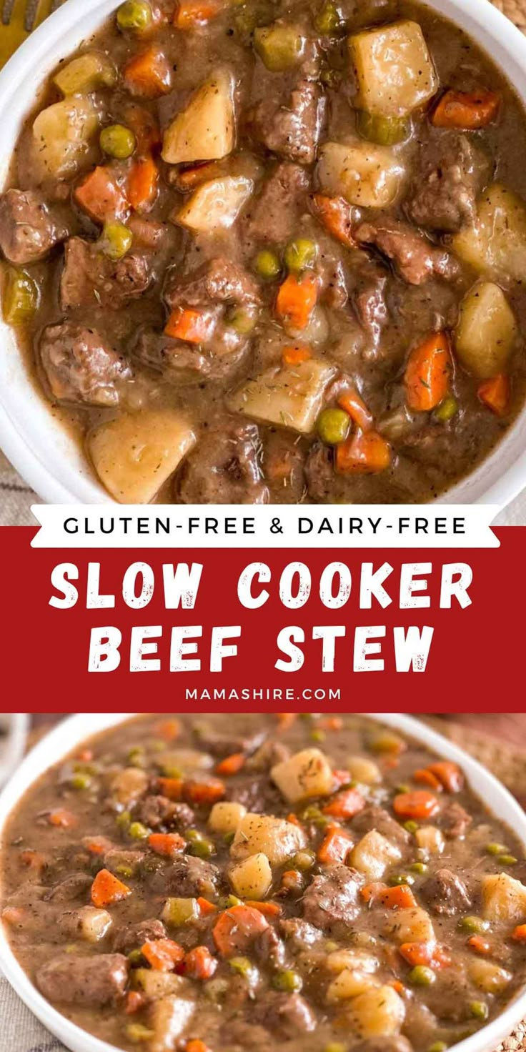 two bowls of slow cooker beef stew with text overlay