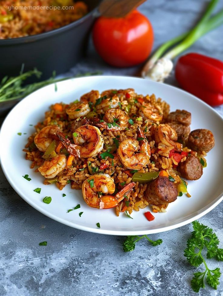 a white plate topped with shrimp and rice next to a bowl of tomatoes, carrots and peppers