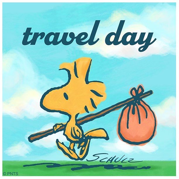 a painting of a cartoon dog carrying a bag with the words travel day written on it