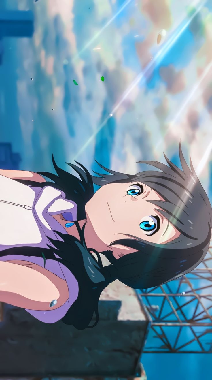 an anime character laying on the ground in front of a blue sky with clouds and stars