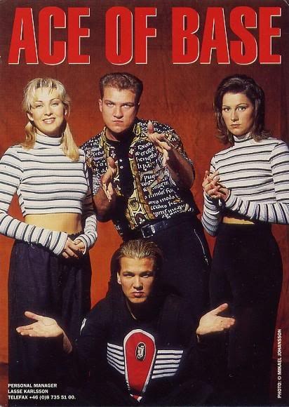 an advertisement for the ace of base shows three women and one man in striped shirts