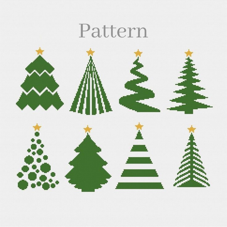 cross stitch christmas tree pattern in green and gold on a white background with the words'pattern'written below it