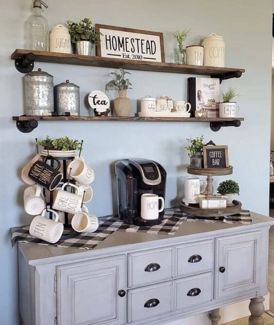 coffee bar ideas Breakfast Nook Coffee Station, Diy Coffee Bar Decor, Old Dresser Coffee Bar Ideas, Ultimate Coffee Bar, Shelves Above Coffee Station, Diy Farmhouse Coffee Bar, Coffee Bar Shelf Ideas Wall Shelves, Small Coffee Nook Ideas, French Coffee Bar Ideas