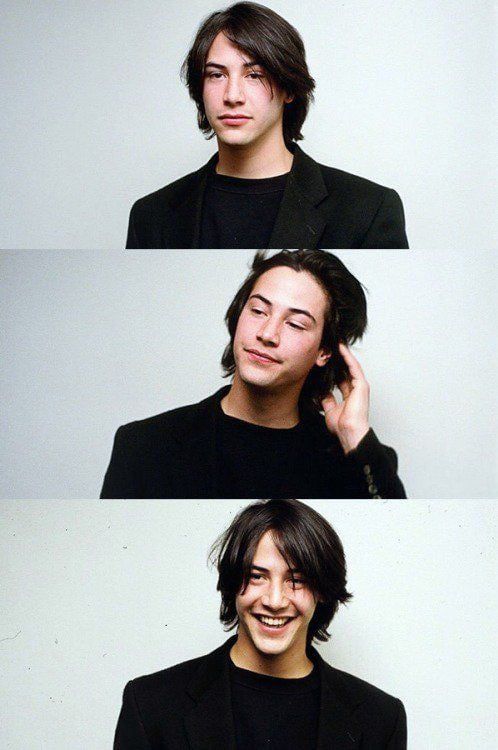 four different shots of a young man with long hair, smiling and holding his hand to his ear