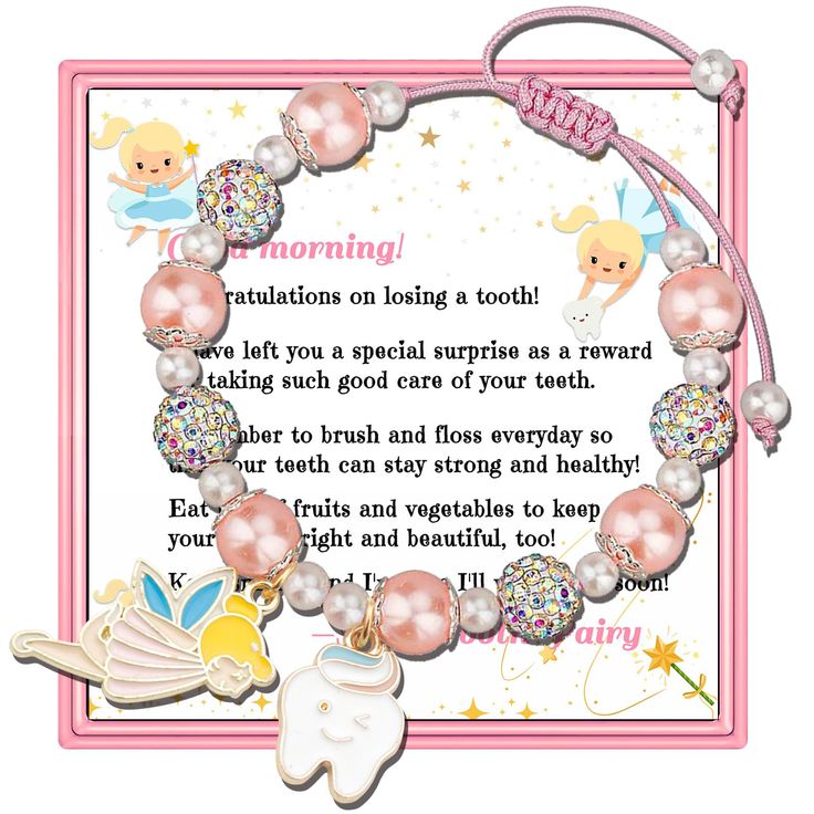 a pink and white bracelet with angel charms on it's side, saying good morning