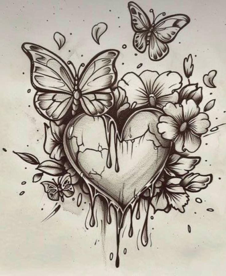 a heart tattoo with butterflies and flowers on the side, in front of a white background