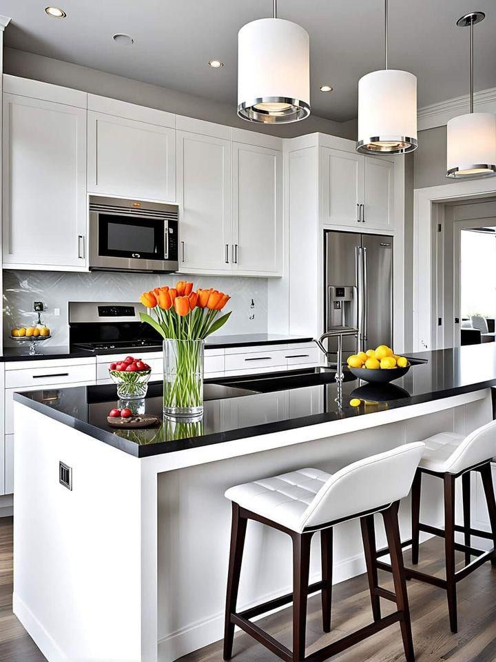 a kitchen with white cabinets, black counter tops and two stools in front of the island