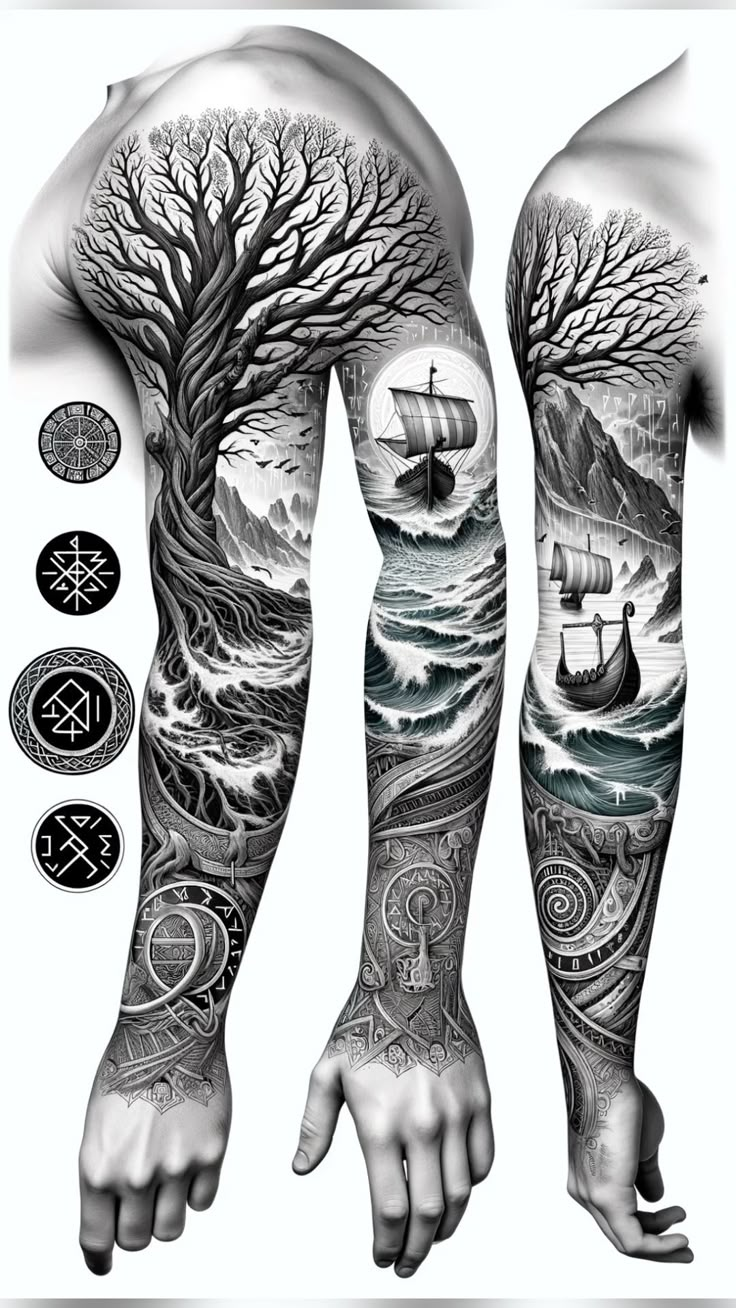 a full sleeve tattoo with trees and ships on it