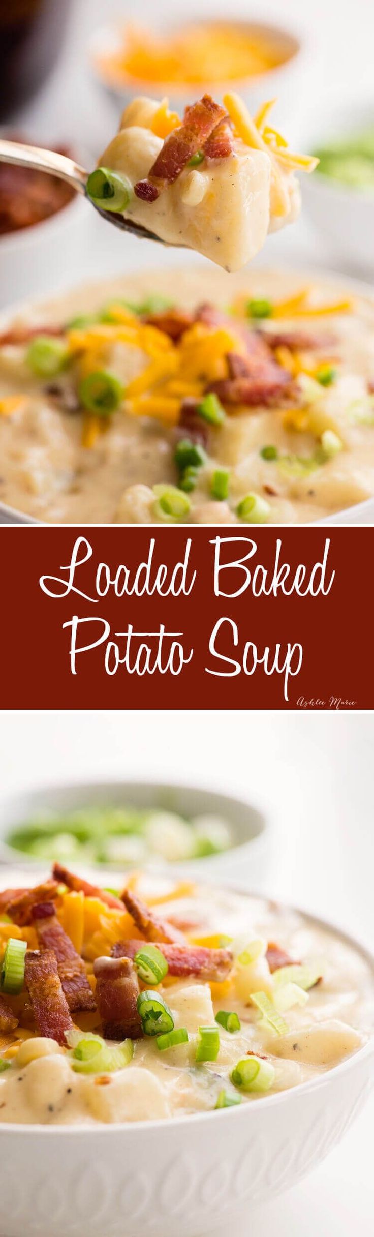 loaded baked potato soup in a white bowl