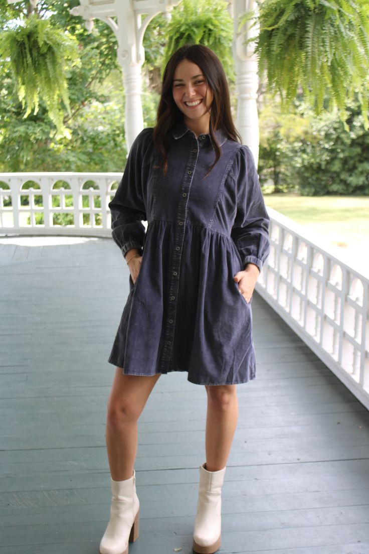 Charcoal, long-sleeve collared dress. Button-up. Corduroy fabric. Model is wearing a size Small. Fits true to size! Long Sleeve Collared Dress, Collared Dress, Corduroy Dress, Corduroy Fabric, Lucky Clover, Collar Dress, Xl Dress, Athleisure, Button Up