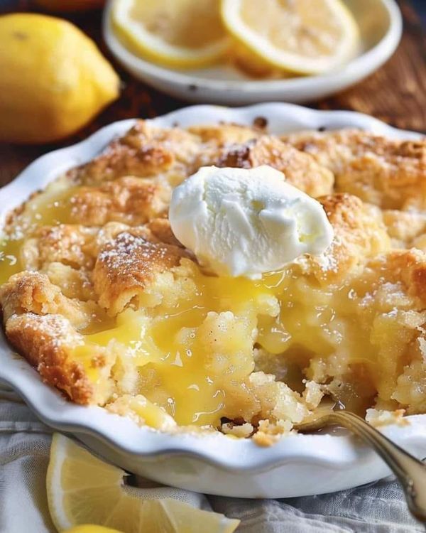 a close up of a pie on a plate with lemons and whipped cream in the background