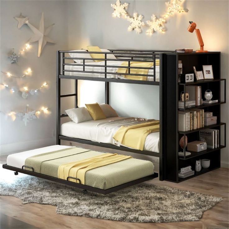 a bunk bed sitting next to a book shelf