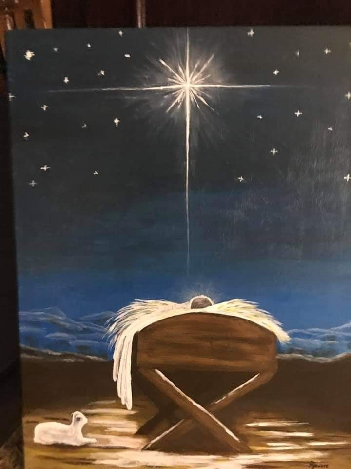 an acrylic painting of a manger scene with a baby jesus in the manger