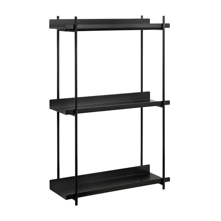 three black shelves with one shelf on each side and the other is empty, against a white background