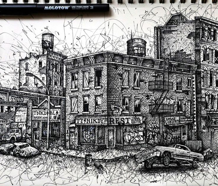 a drawing of an old building with graffiti on it