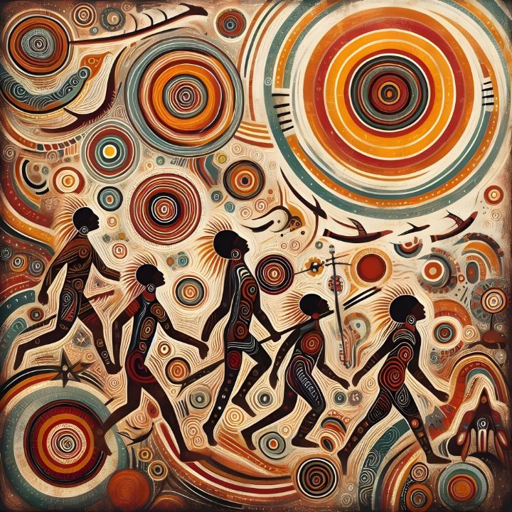 an abstract painting with people walking through circles and birds in the sky, on a brown background