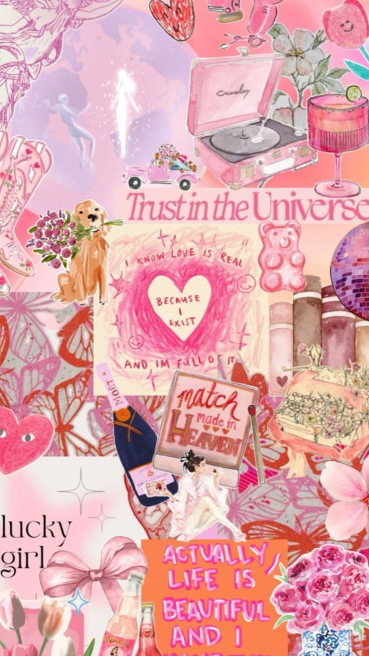 a collage of pink and purple images with words, flowers, and pictures on them