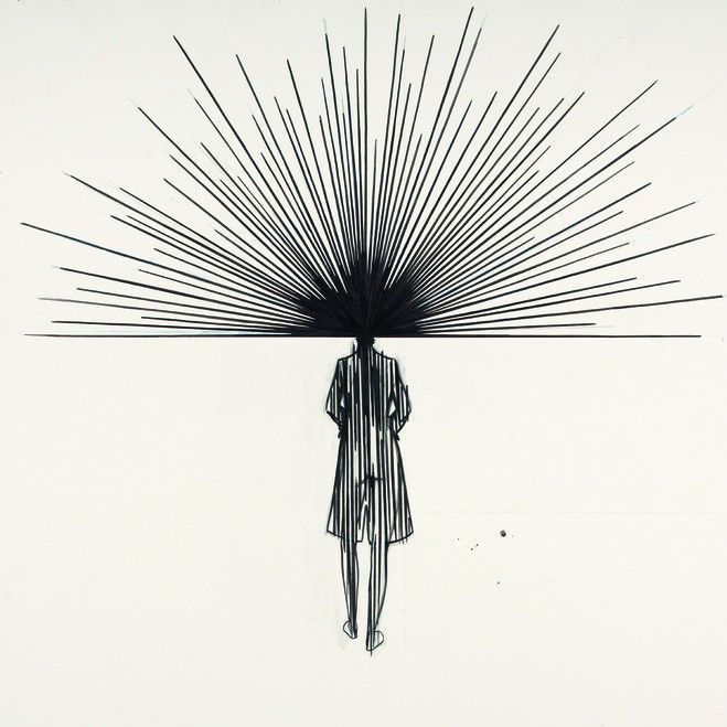 a drawing of a person holding an umbrella in front of their head with rays coming out of it