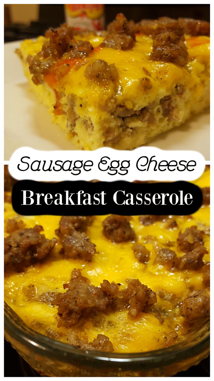 sausage and egg cheese breakfast casserole on a white plate with the title above it