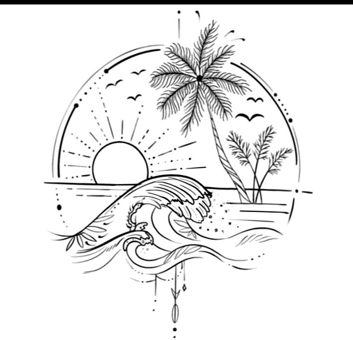 a black and white drawing of a wave in the ocean with palm trees on it