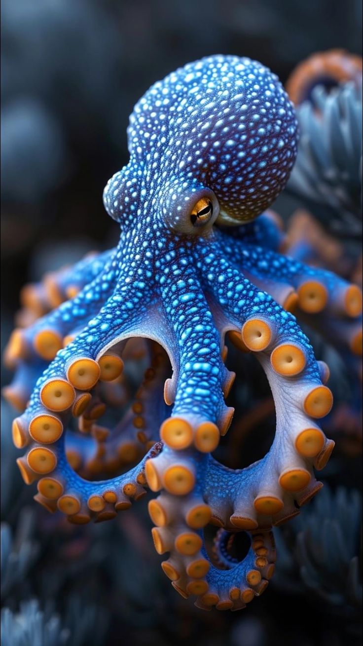 an orange and blue octopus is in the water