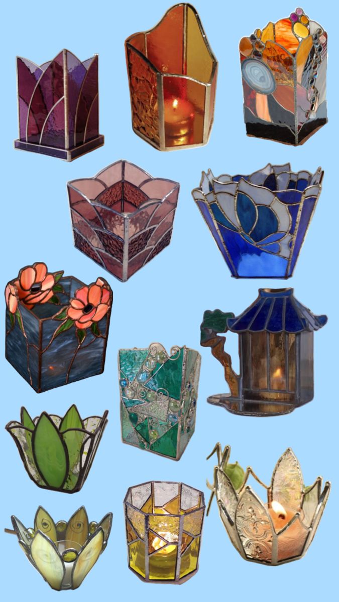 nine stained glass candle holders with flowers and leaves on them, all in different colors