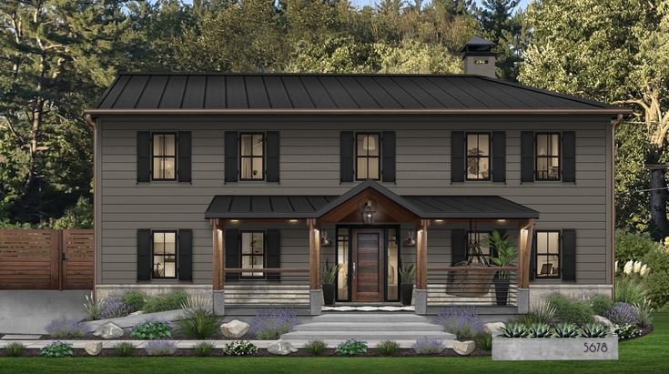 this is an artist's rendering of a two - story house in the woods