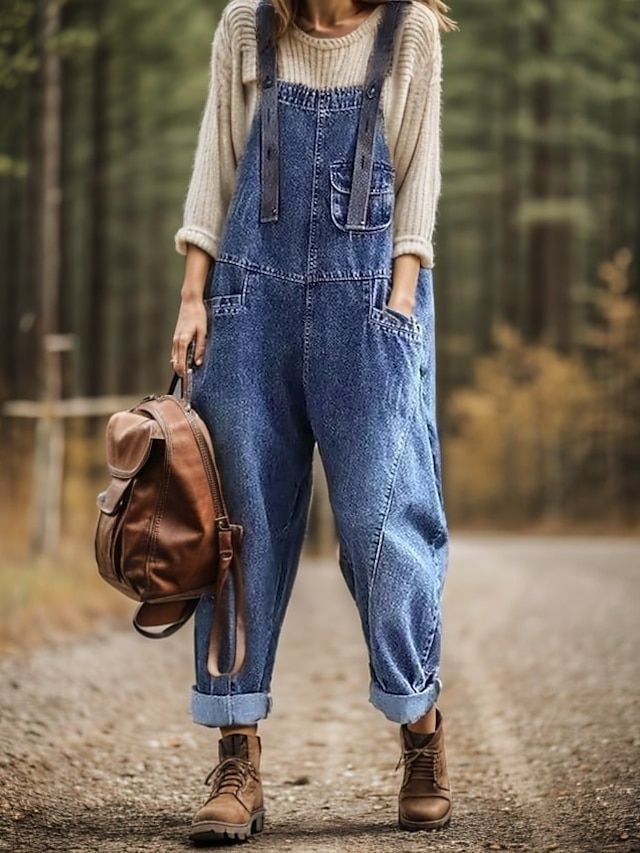 2024 Casual Fall Fashion, 35 Yo Women Fashion, Women Overalls Outfits Fall, Fall Denim Overalls With Pockets, Fall Overalls With Pockets, All Natural Clothing, Fall Denim Blue Overalls With Pockets, Fall Overalls With Pockets And Relaxed Fit, Overalls With Jacket