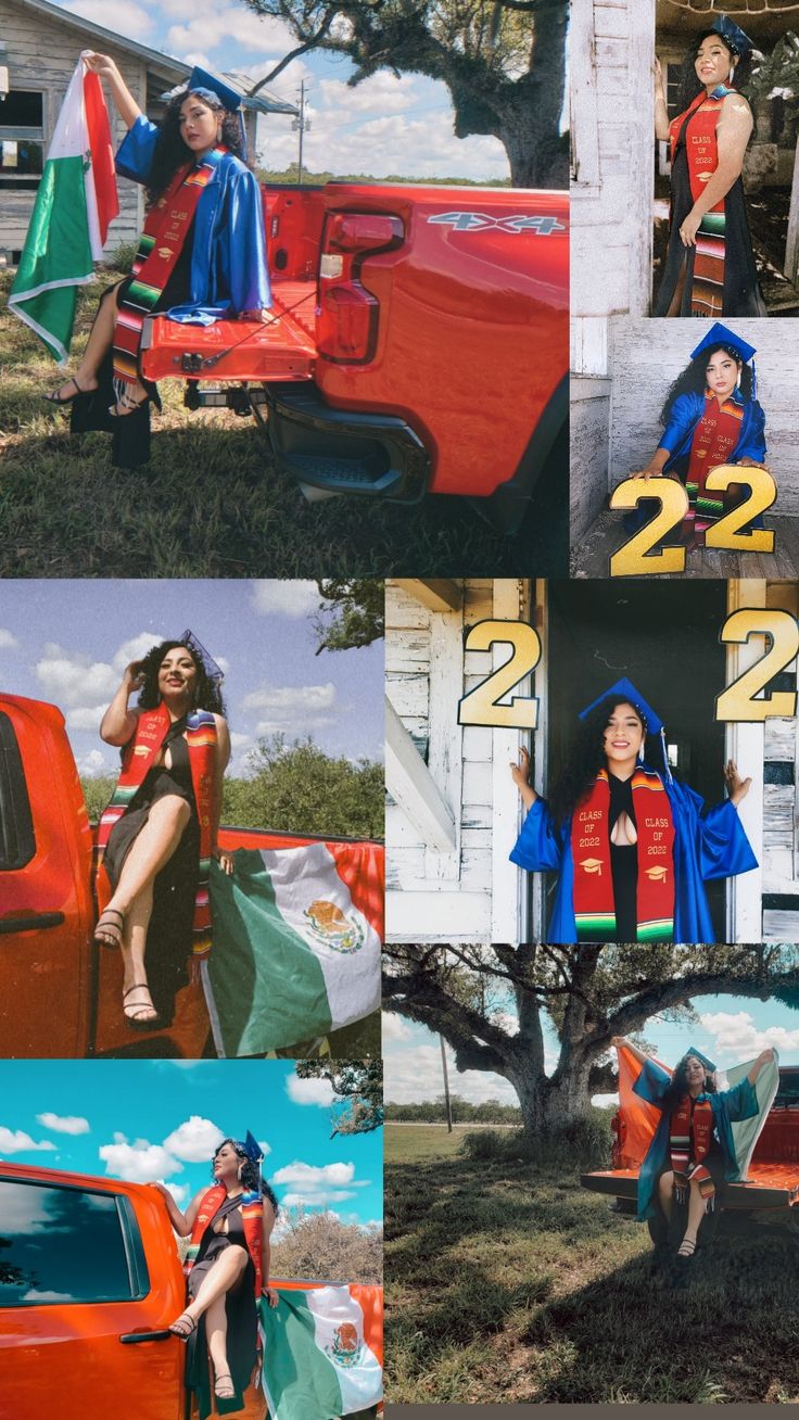 a collage of photos with people dressed in costumes sitting on the bed of an old pickup truck