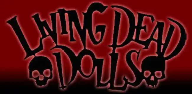 the logo for an upcoming band called living dead dolls, with skulls on red and black background