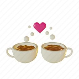 two cups of coffee with hearts coming out of the top and one is filled with liquid