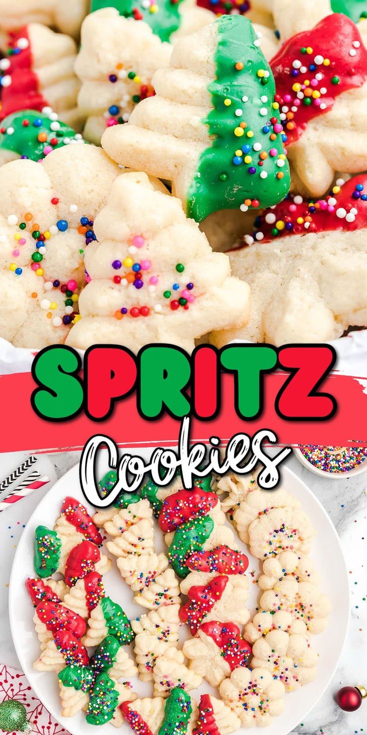 cookies with sprinkles and christmas trees on them are displayed in front of the words, spritz cookies