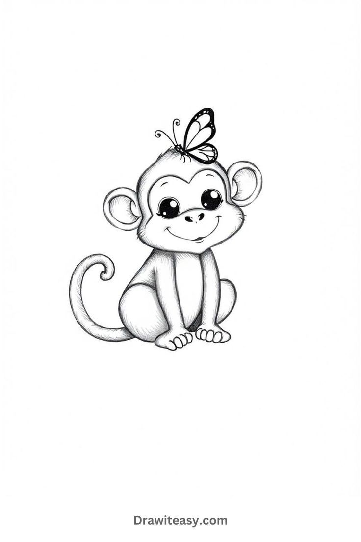 A smiling cartoon monkey sitting down with a butterfly resting on its head, drawn in a soft black-and-white sketch style. Cute And Easy Drawing Ideas, Cute Monkey Drawing, Monkey Drawings, Monkey Drawing, Easy Drawing Ideas, Drawing Tutorials For Kids, Monkey Art, Cute Monkey, Easy Drawing