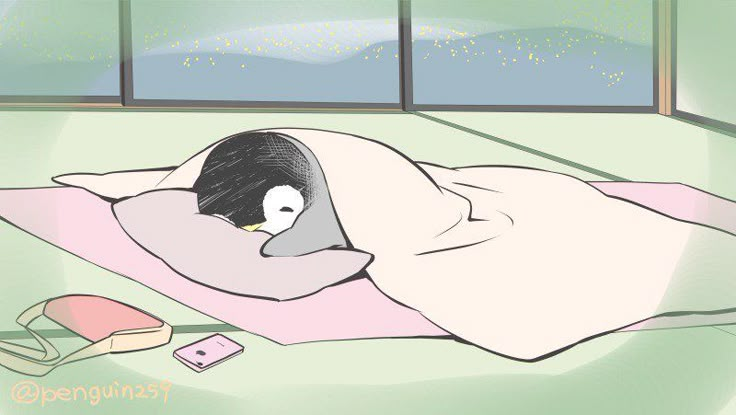 an illustration of a penguin sleeping on a bed next to a window with a phone