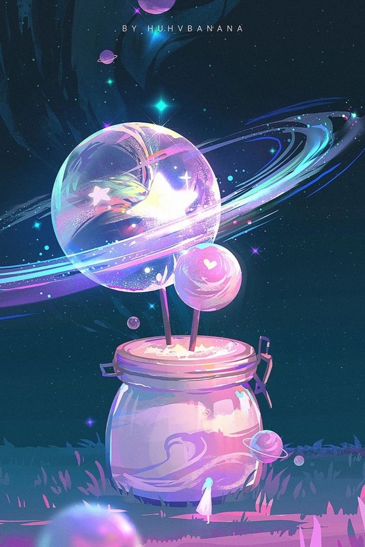 an image of a glass jar with some liquid in it and the planets behind it