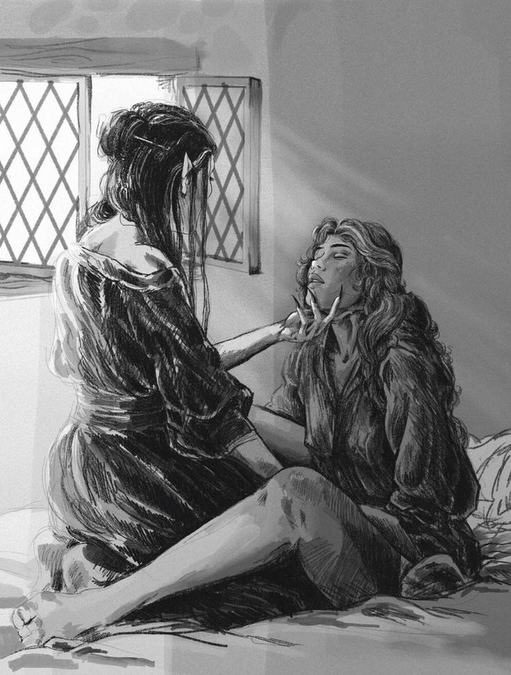 a drawing of two women sitting on a bed looking at each other and brushing their teeth