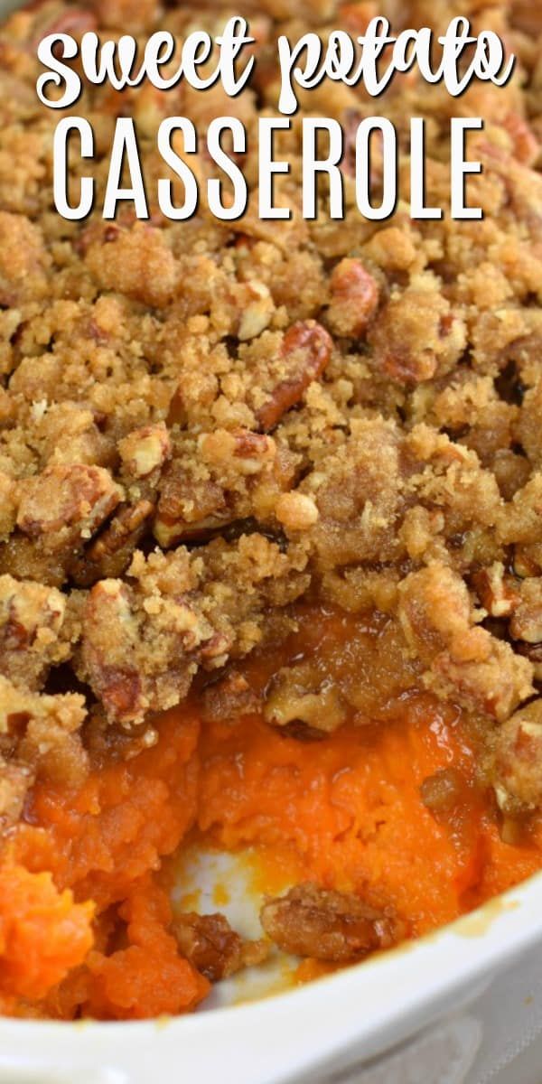 sweet potato casserole with crumbled topping in a white dish