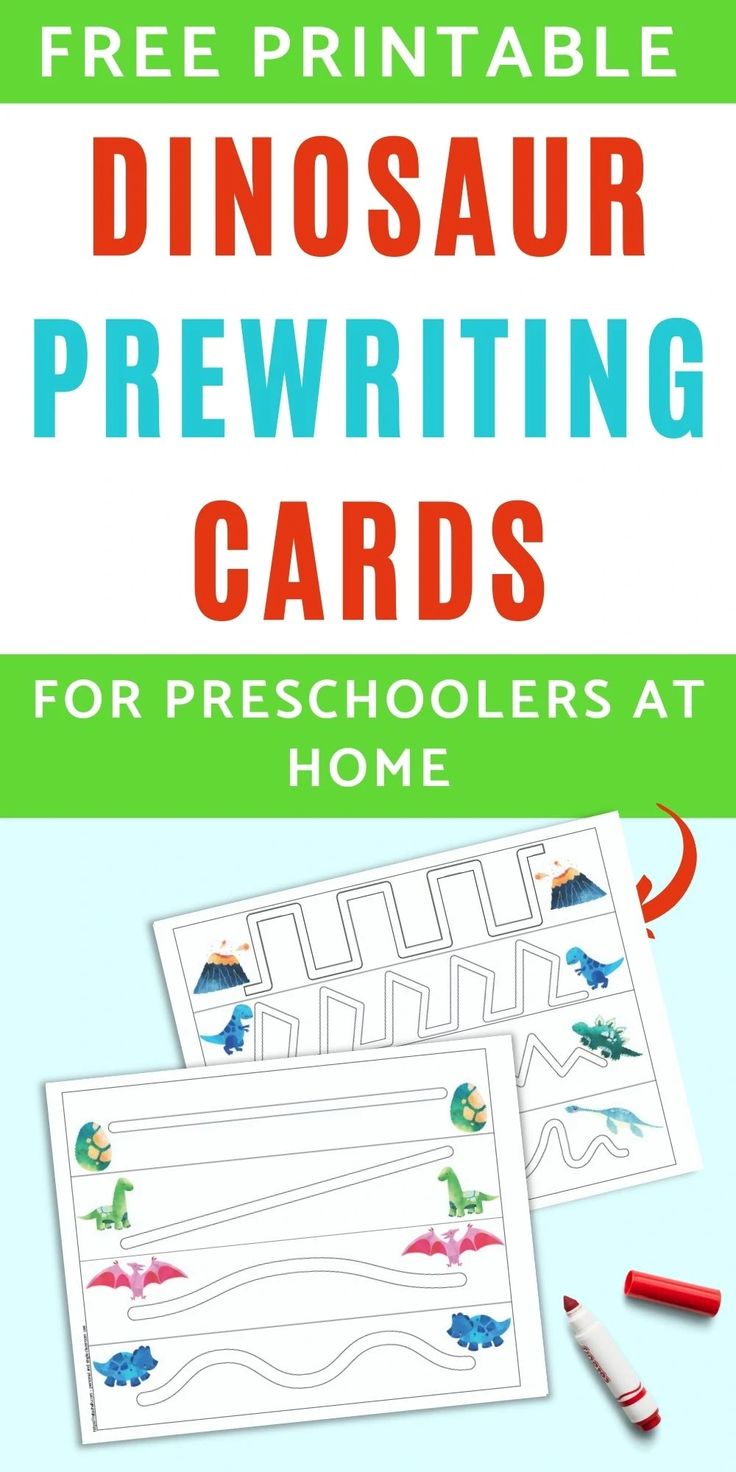 free printable dinosaur pre writing cards for preschoolers at home with the title, free printable dinosaur pre writing cards for homeschoolers at home