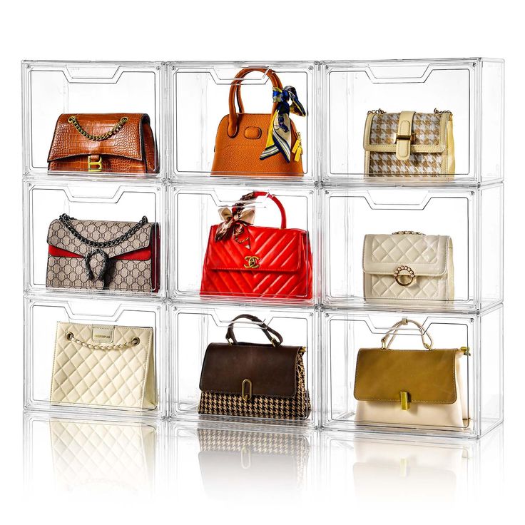 six clear acrylic boxes with purses in each one on the bottom shelf