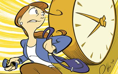 a cartoon character running next to a large clock