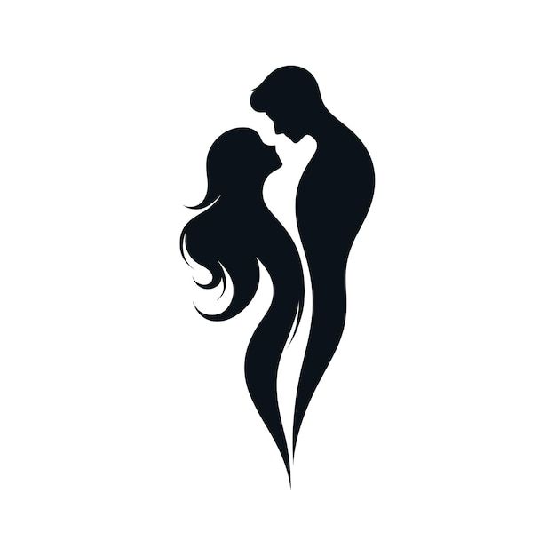 the silhouette of a pregnant woman and man with long hair is shown in black on a white background