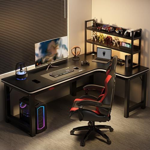 an office desk with a computer and chair