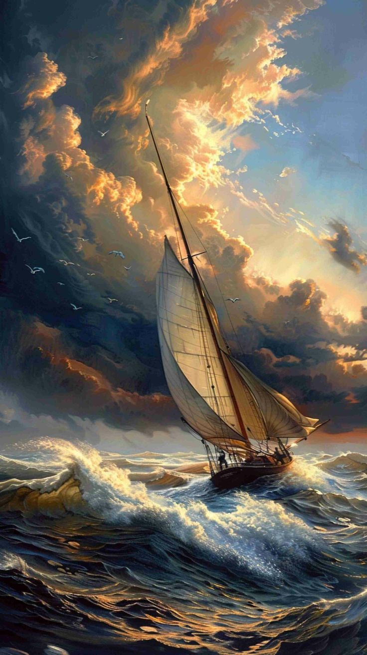 a painting of a sailboat in the ocean