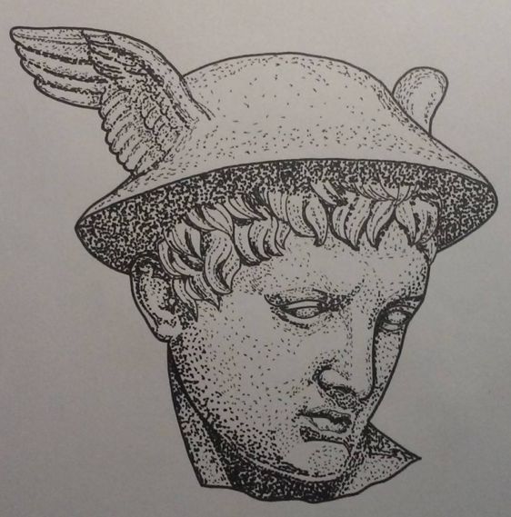 a drawing of a statue with wings on it's head and in a hat