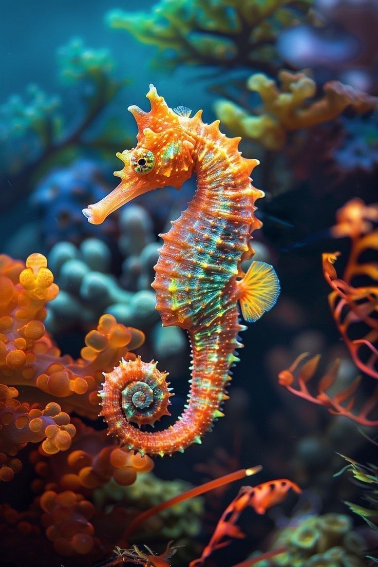 a sea horse is standing on top of some corals