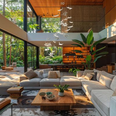 a living room with couches, tables and plants in the middle of it's floor to ceiling windows